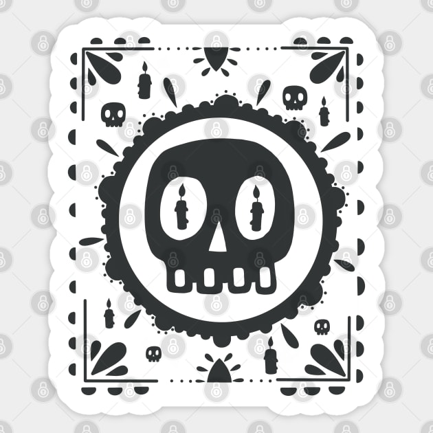 Papel Picado - Black skull - candle- white - Día De Los Muertos Sticker by Scriptnbones